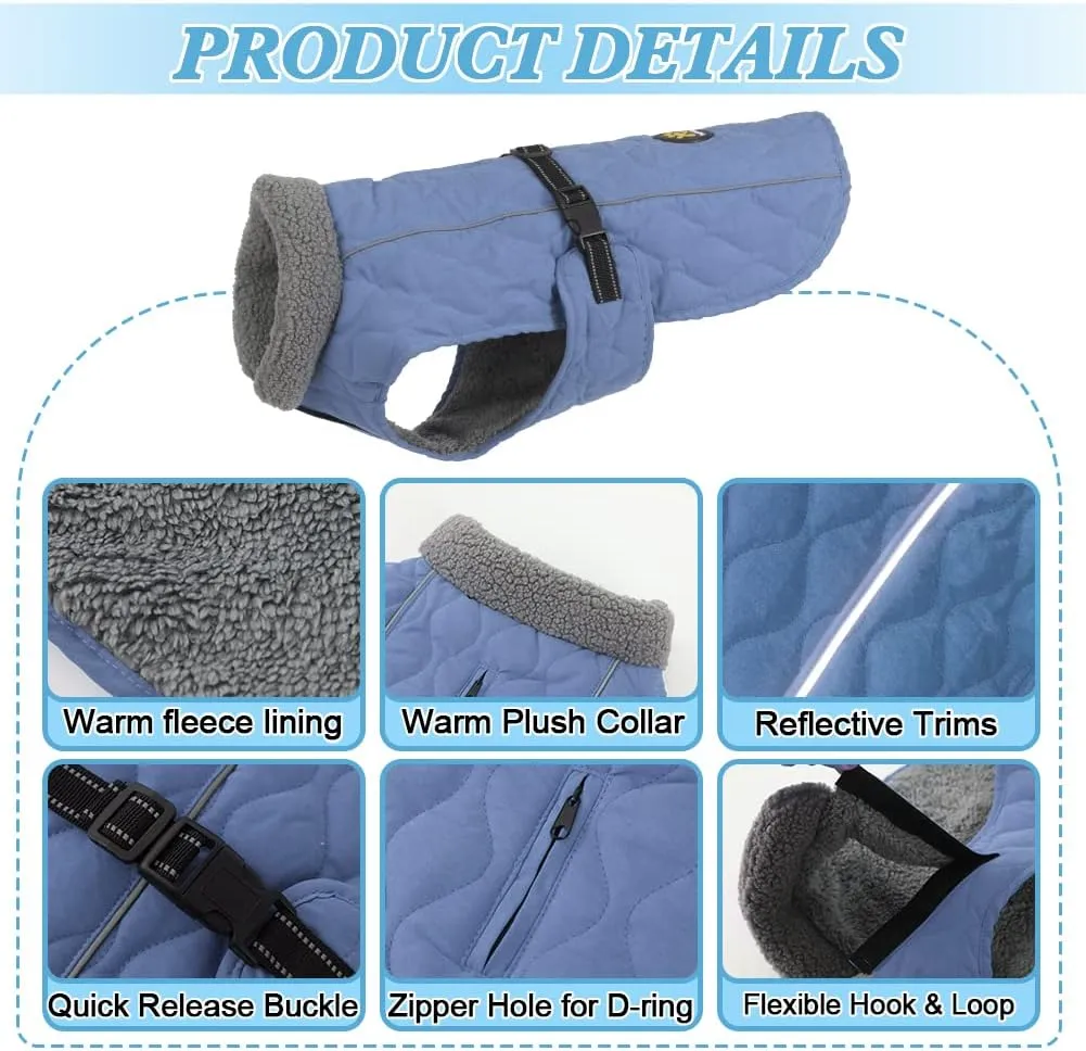 Winter Coats for Dogs - Warm Fleece Jacket with Reflective Safety Features, Adjustable, Blue M