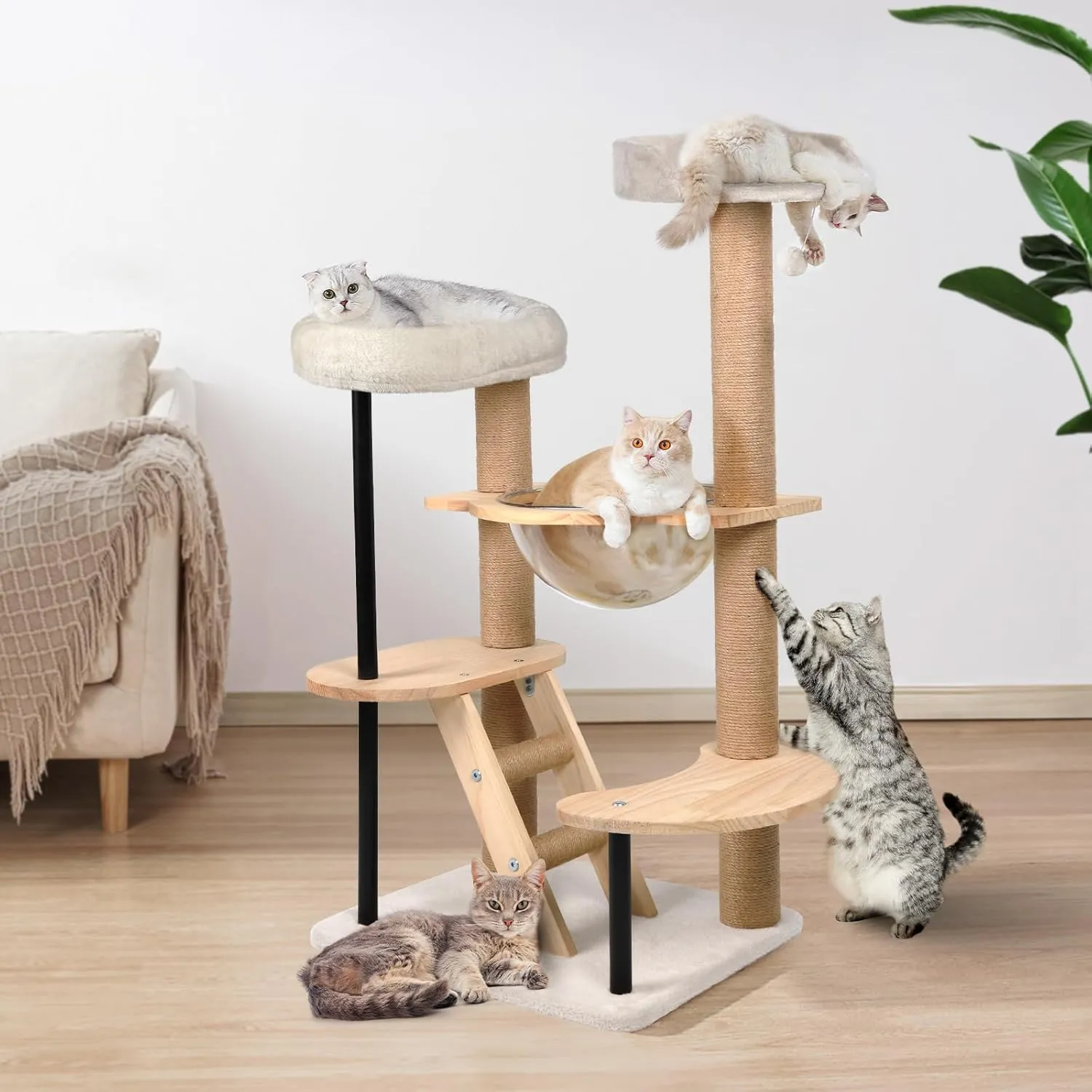 Wood Cat Tree Tower - Modern Cat Tree Tower for Indoor Cats 40" Tall Wooden Condo with Plush Perch, Large Space Capsule, Platforms, Sisal Scratching Posts, Removable Pads for Cats (Natural)