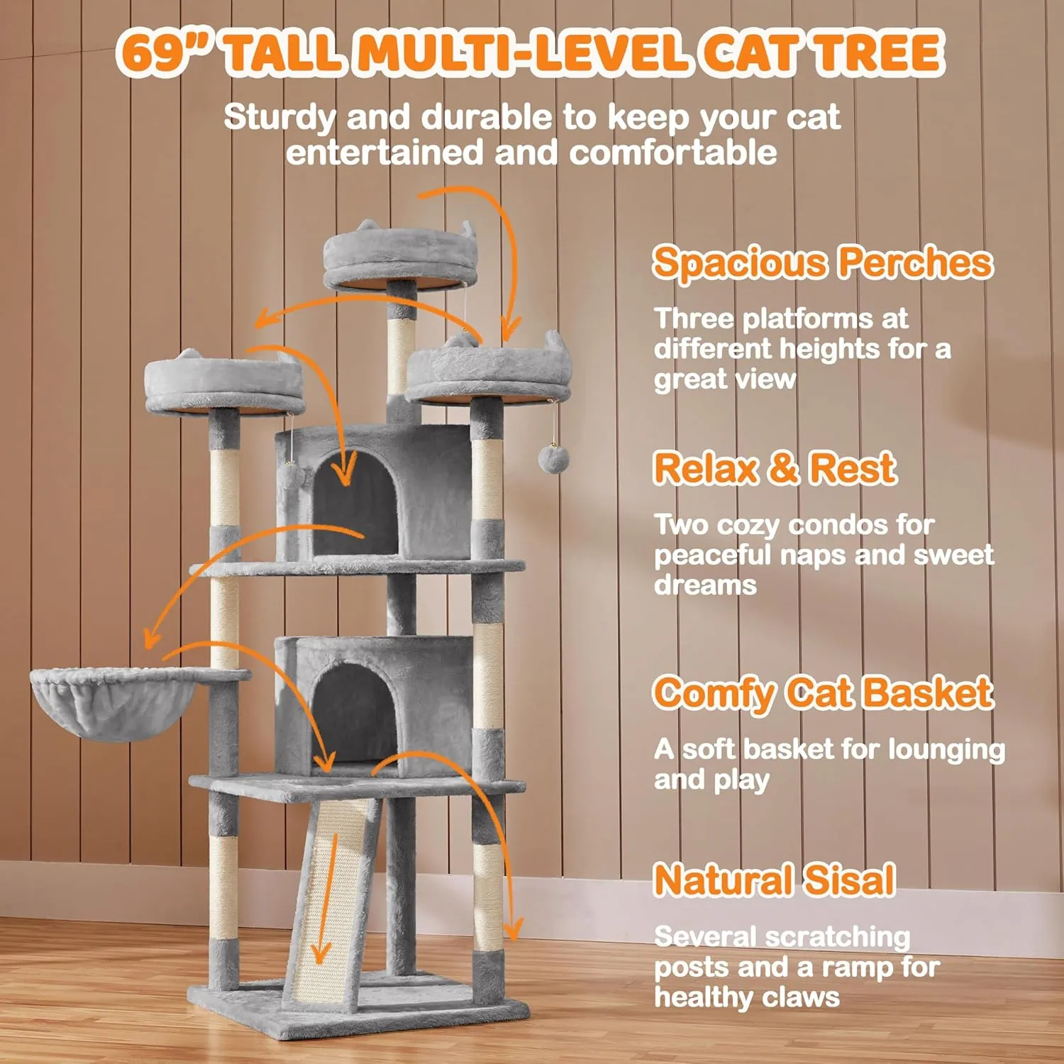 Yaheetech 68.5in Multi-Level Cat Tree Large Cat Tower with Sisal-Covered Scratching Board & Scratching Posts, Cozy Perches, Stable Cat Tower Cat Condo Pet Play House, Light Gray