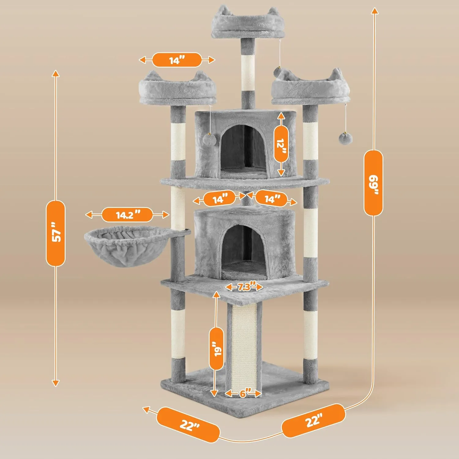 Yaheetech 68.5in Multi-Level Cat Tree Large Cat Tower with Sisal-Covered Scratching Board & Scratching Posts, Cozy Perches, Stable Cat Tower Cat Condo Pet Play House, Light Gray