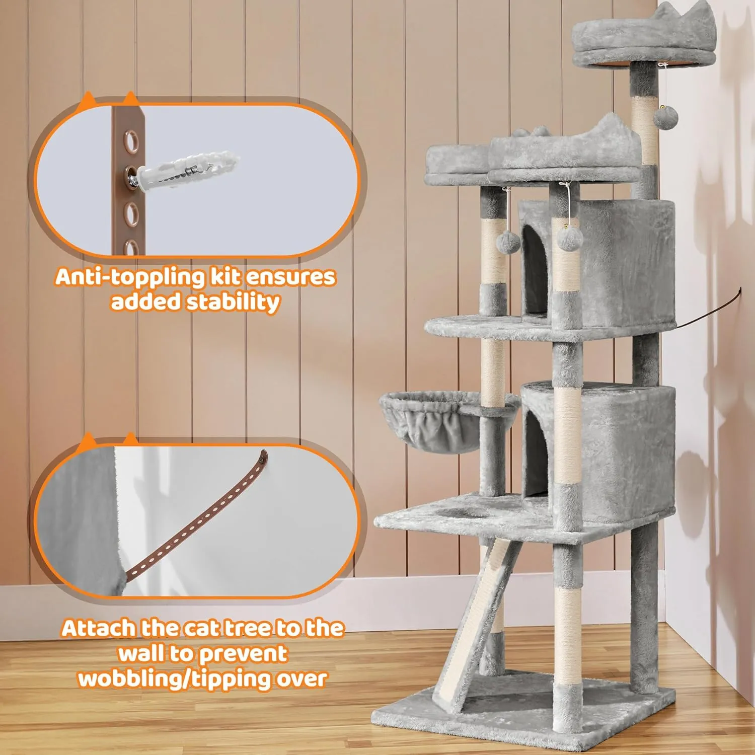 Yaheetech 68.5in Multi-Level Cat Tree Large Cat Tower with Sisal-Covered Scratching Board & Scratching Posts, Cozy Perches, Stable Cat Tower Cat Condo Pet Play House, Light Gray