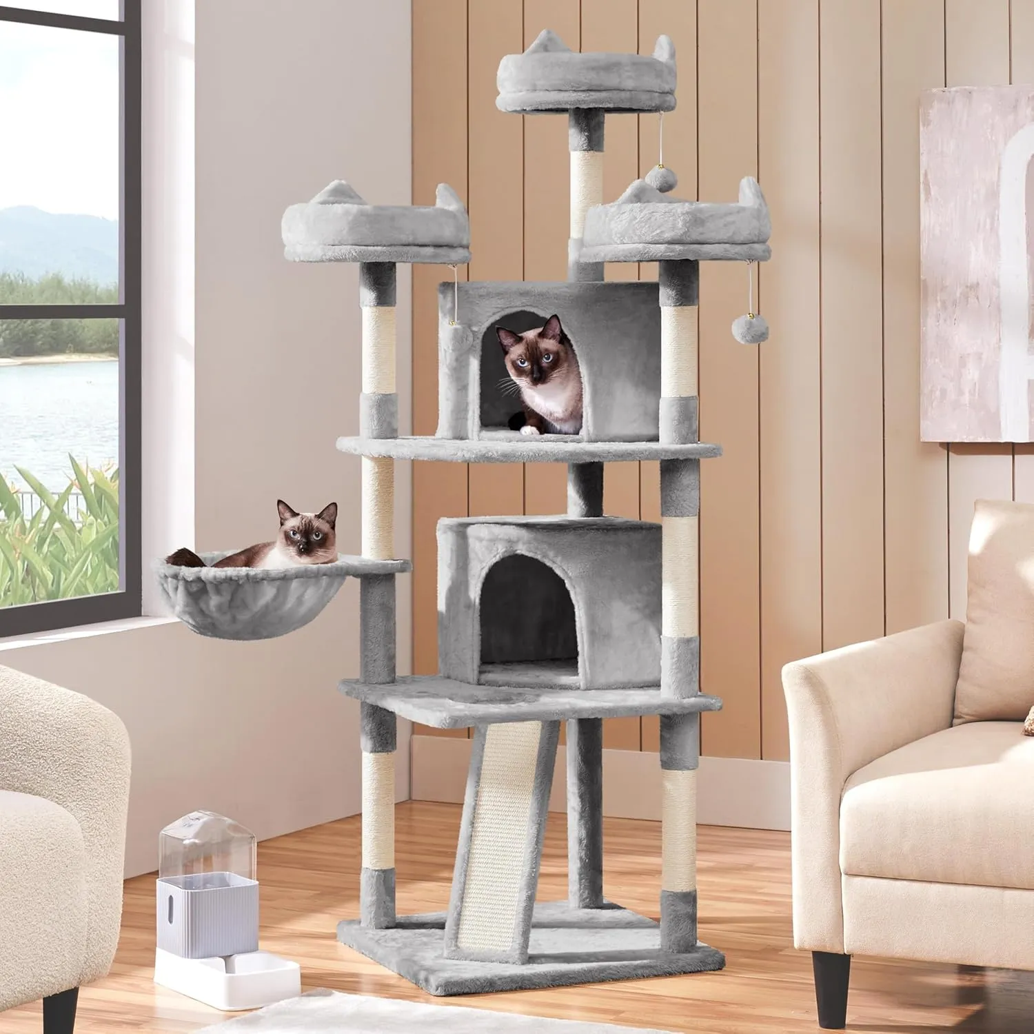 Yaheetech 68.5in Multi-Level Cat Tree Large Cat Tower with Sisal-Covered Scratching Board & Scratching Posts, Cozy Perches, Stable Cat Tower Cat Condo Pet Play House, Light Gray