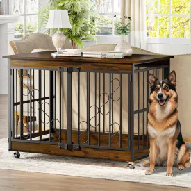 ZUNLANTK Dog Crate Furniture, 48 Inch Dog Crates for Medium/Large Breed, Farmhouse Wood Metal Kennel Indoor Heavy Duty Pet Cage with Caster Wheels (Brown)